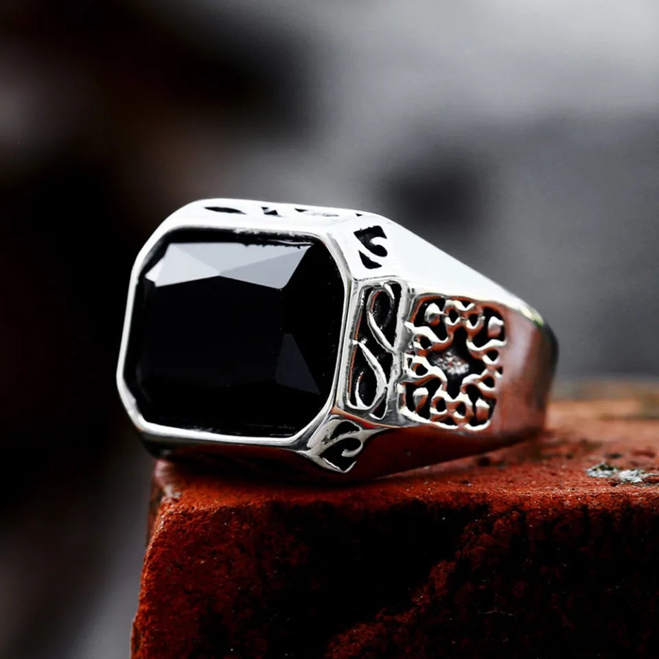 Punk Vintage Rectangle Shape Rings With Black Stone Stainless Steel Cool Fashion Carved Ring For Men Women Amulet Jewelry Gifts
