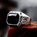 Punk Vintage Rectangle Shape Rings With Black Stone Stainless Steel Cool Fashion Carved Ring For Men Women Amulet Jewelry Gifts