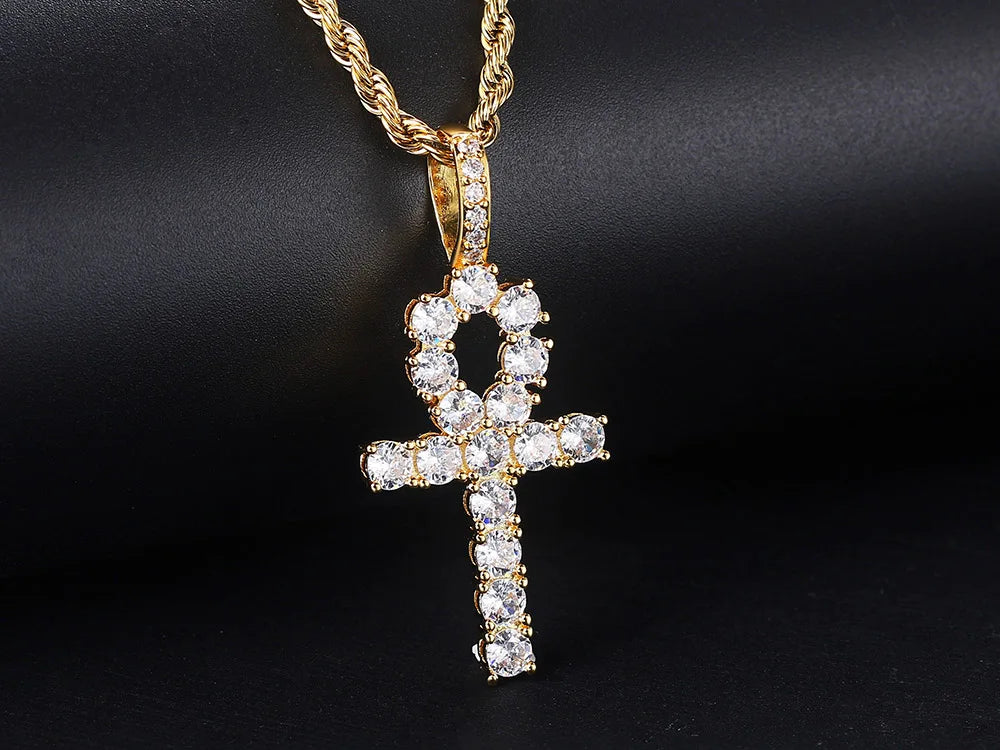 Gold Iced Out Cross Ankh Pendant Necklace