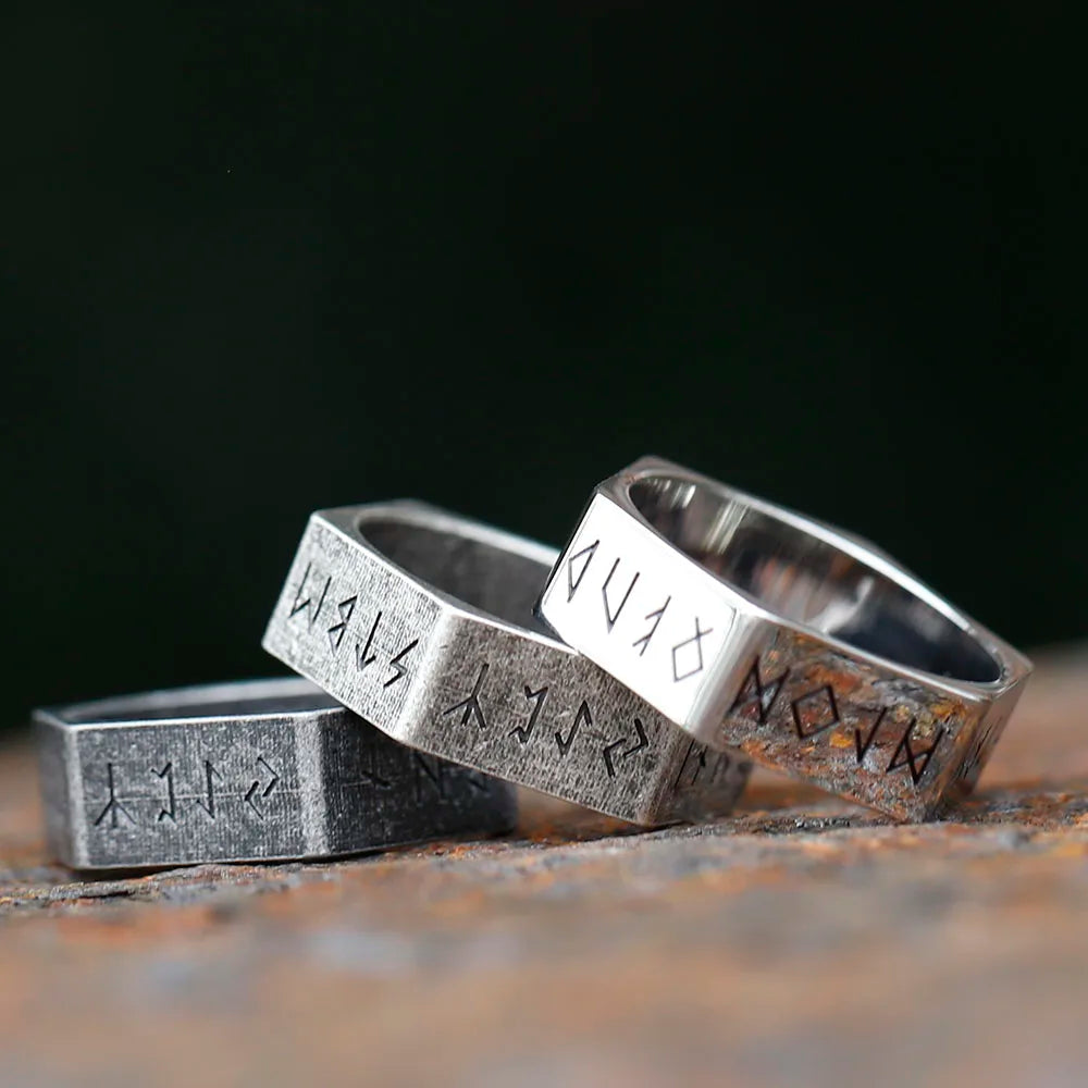 2023 New Creative Style 316L Stainless Steel Hexagon Viking Nordic Runes Ring For Men Fashion Biker Cool Jewelry Gift