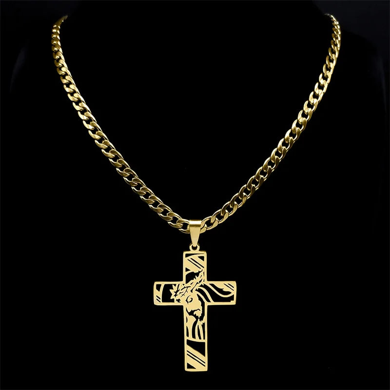 Hip Hop Punk Crown of Thorns Jesus Cross Necklace for Men Stainless Steel Gold Plated Crucifix Pendant Necklaces