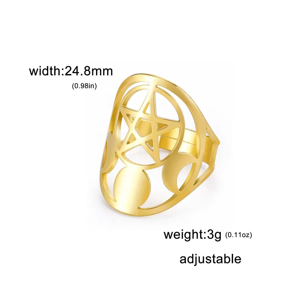 Moon Phase Pentagram Adjustable Ring — Stainless Steel