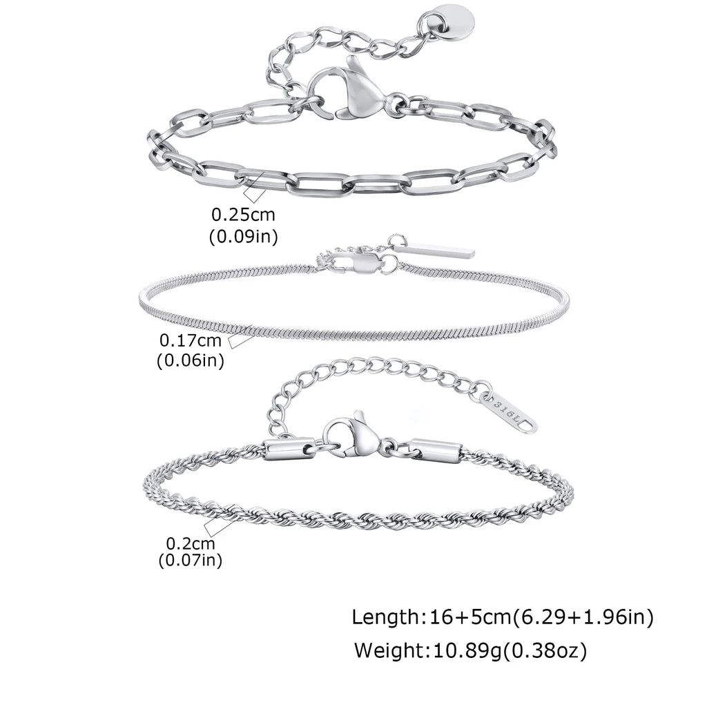 Thin Chain Bracelet Set 3pcs — Silver