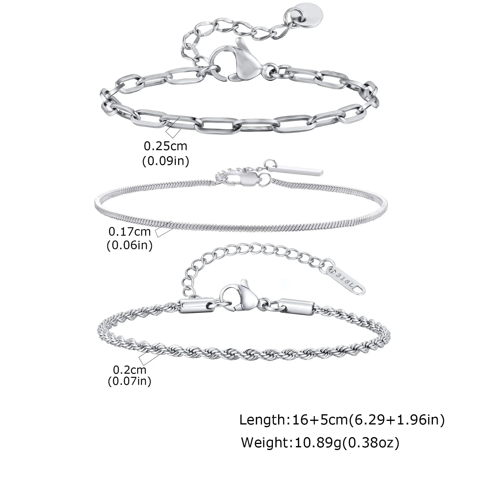Thin Chain Bracelet Set 3pcs — Silver