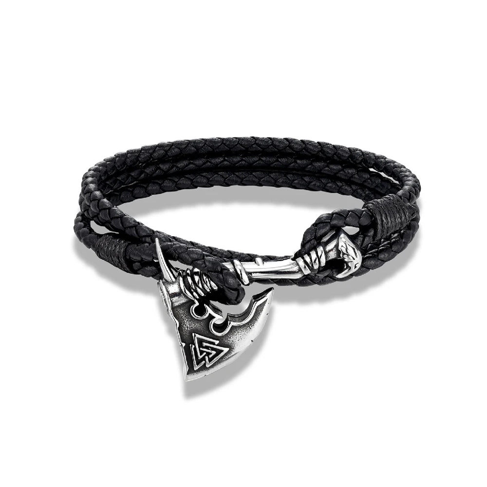 Wolf Viking Steel Bracelet Axe Leather Handmade