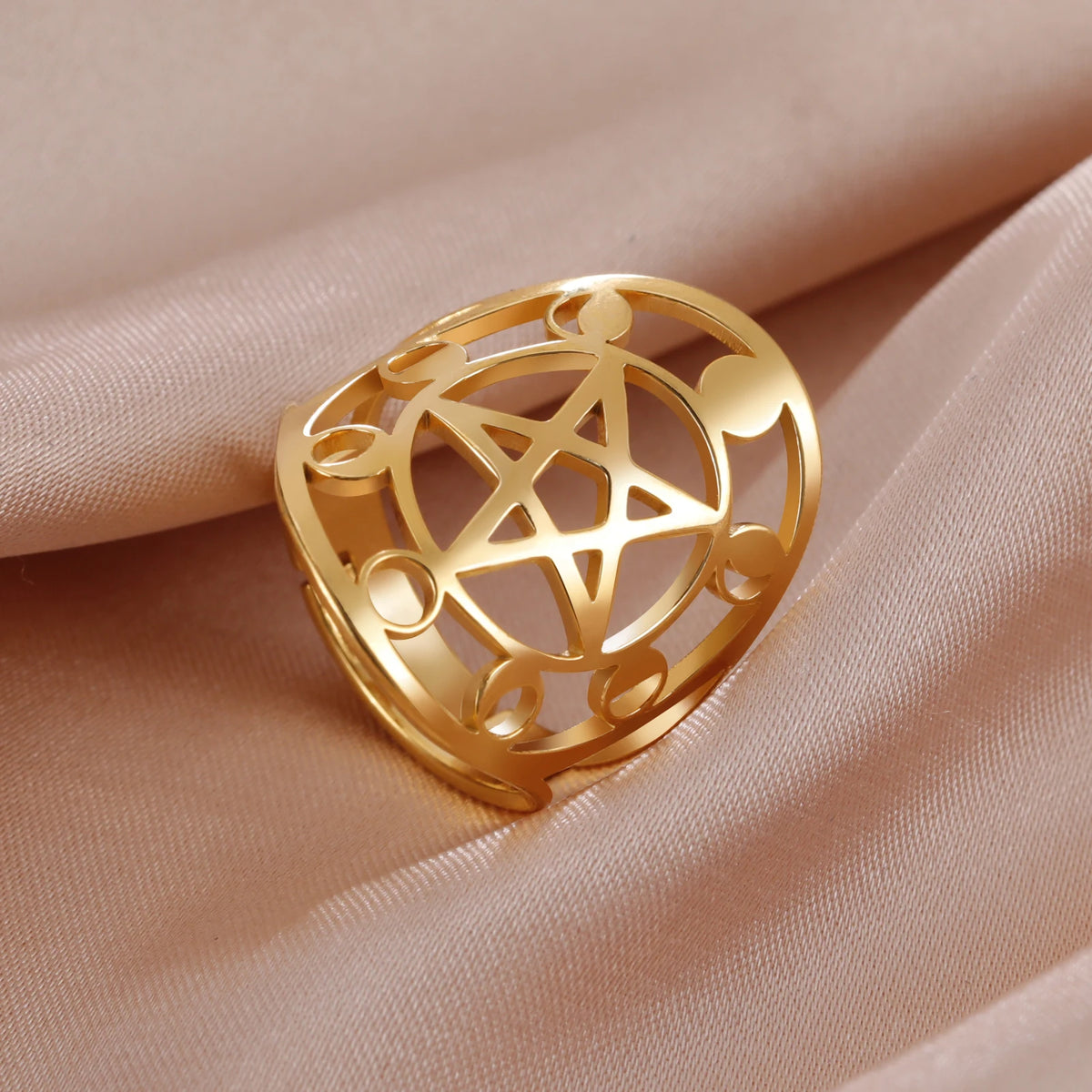 Moon Phase Pentagram Adjustable Ring — Stainless Steel