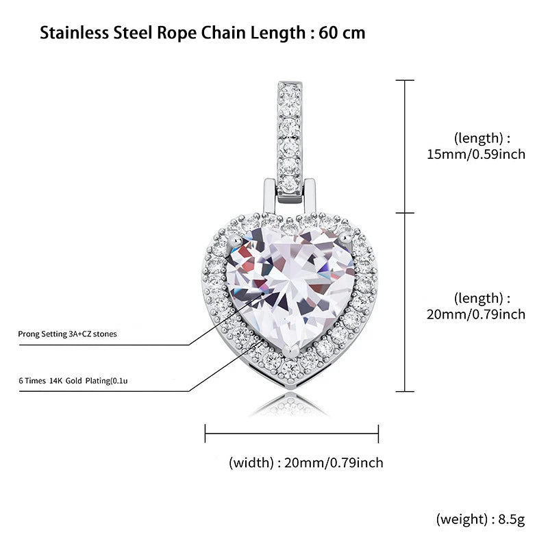 Iced Out Heart Pendant Necklace Stainless Steel CZ