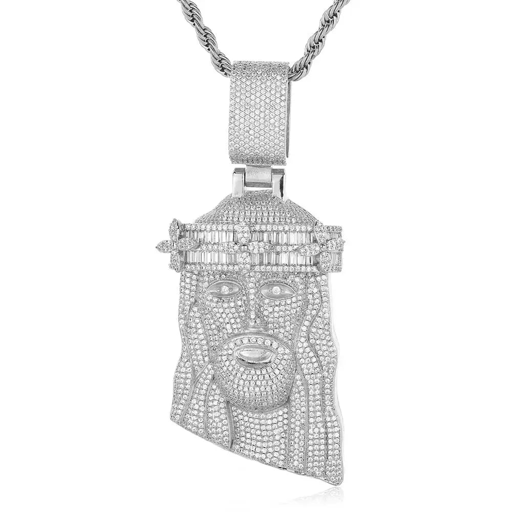 Crown Jesus Pendant Necklace Iced Out 3D