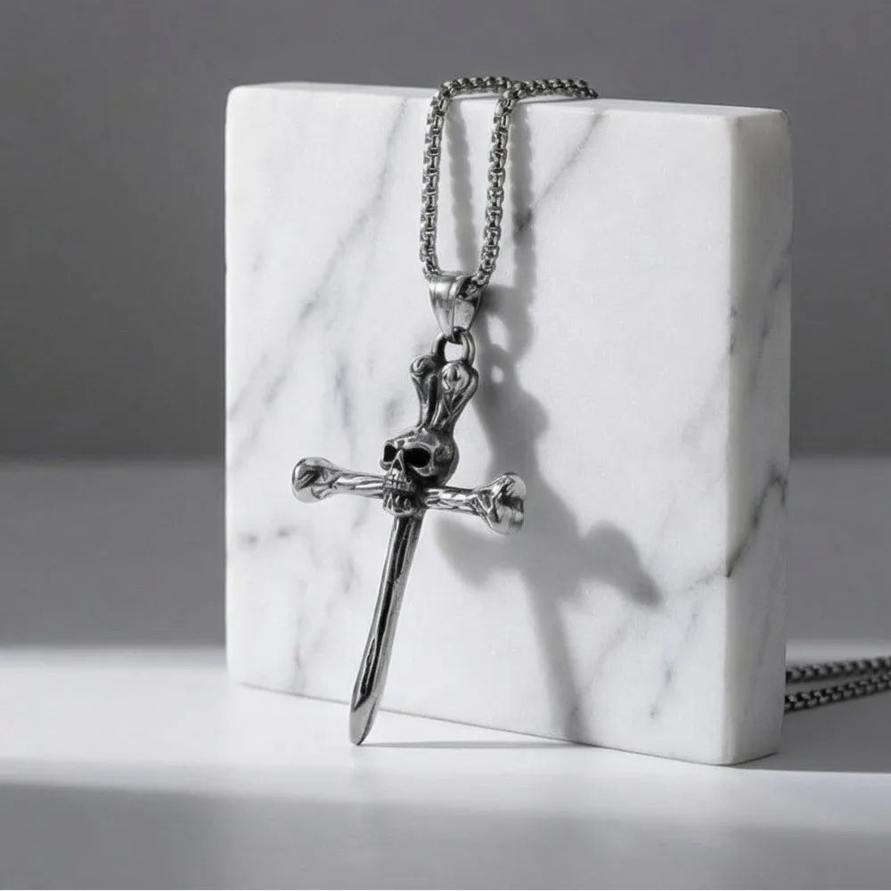 Silver Cross Skull Pendant Necklace Vintage