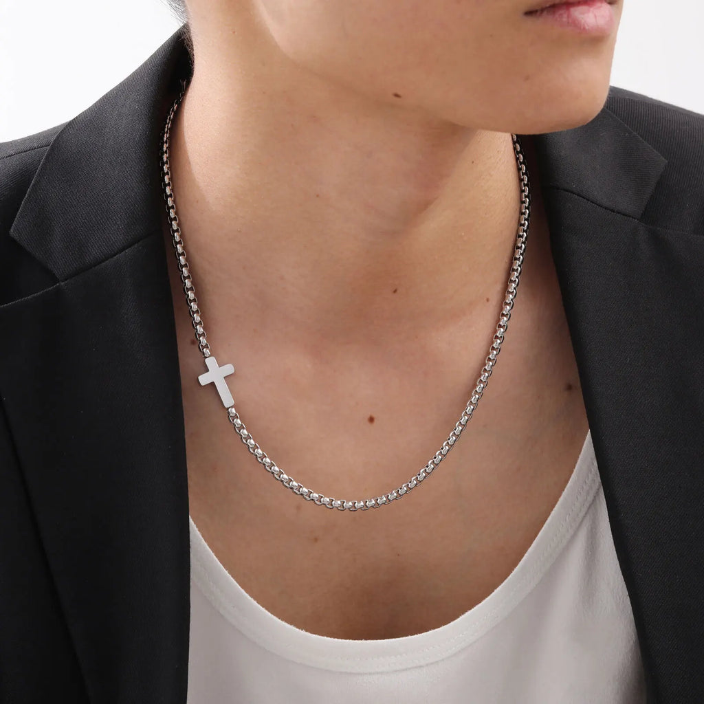 Cross Box Chain Pendant Necklace — Stainless Steel