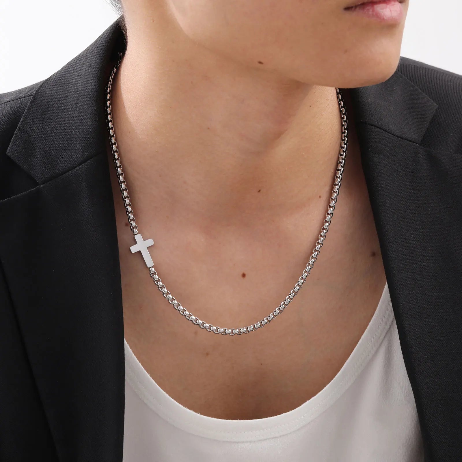 Cross Box Chain Pendant Necklace — Stainless Steel