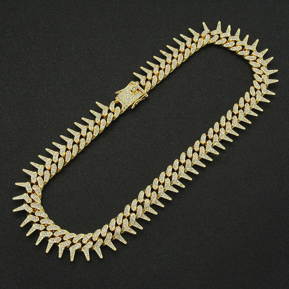 20mm Gothic Thorns Flash Full Rhinestone Miami Cuban Chain Luxury Fashion Men's Necklace For Women Hip Hop Cool