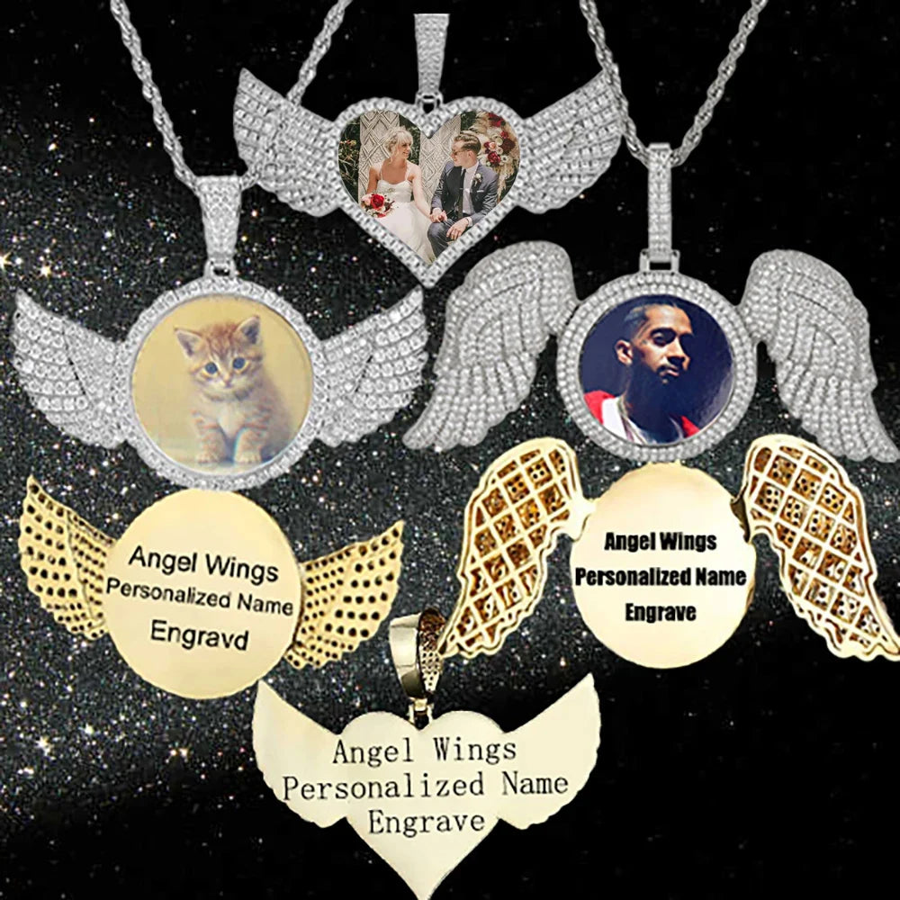 Angel Wings Photo Pendant Necklace Iced Out