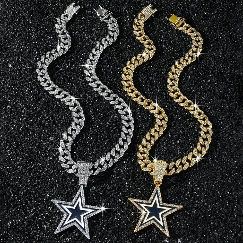 Men Women Hip Hop Five-Pointed Star Pendant Necklace,with Cuban Chain Punk Star Necklaces Fashion Jewelry,Sports Fan Gift Idea