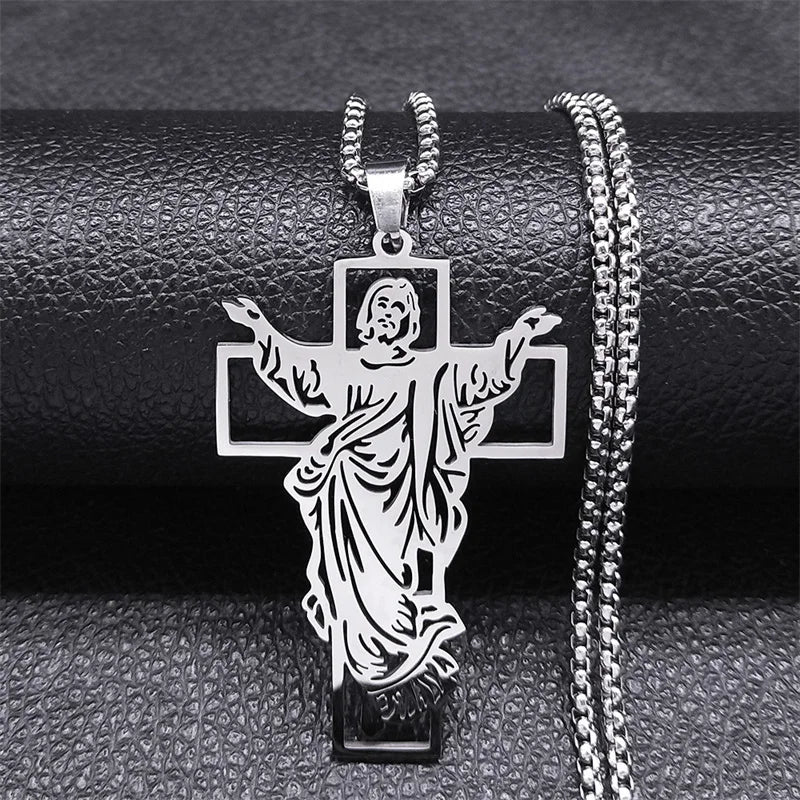 Jesus Cross & Virgin Mary Cutout Necklace — Stainless Steel