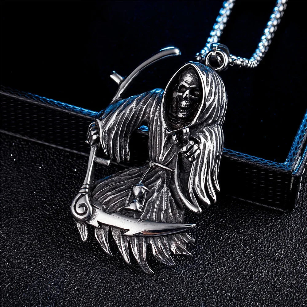 Gothic Stainless Steel Death Scythe Skull Necklace Pendant Punk Biker Men Grim Reaper Pendant Fashionable Men's Chain