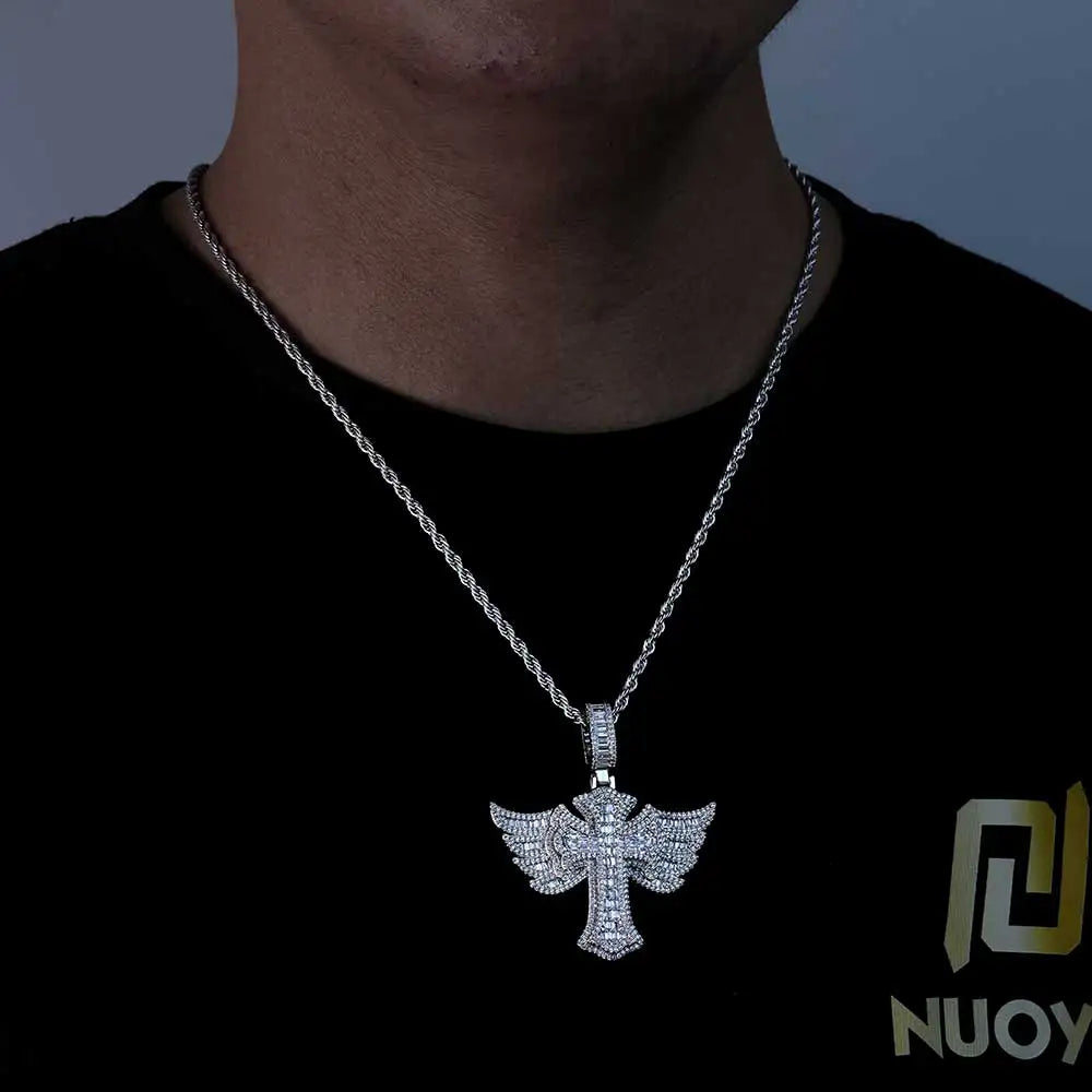 Cross Angel Wings Pendant Necklace Iced Out