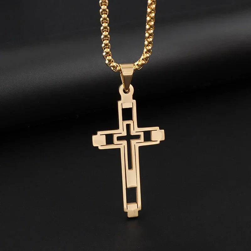 Catholic Jesus Cross Stainless Steel Pendant Necklace for Men Women Vintage Christian Prayer Jewelry