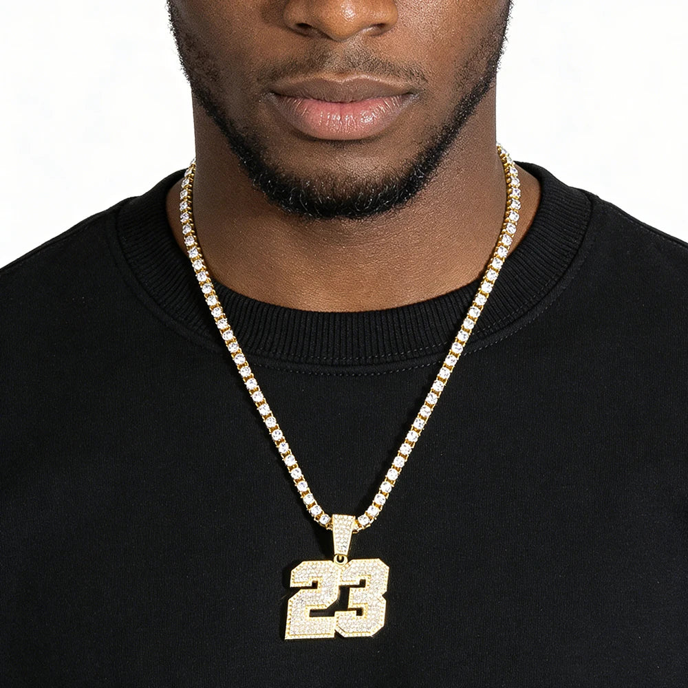2026 Hip Hop Number 23 Pendant Necklace 4mm Rhinestone Tennis Chain Sparkling Punk Jewelry for Men Women Fashion Accessory Gift