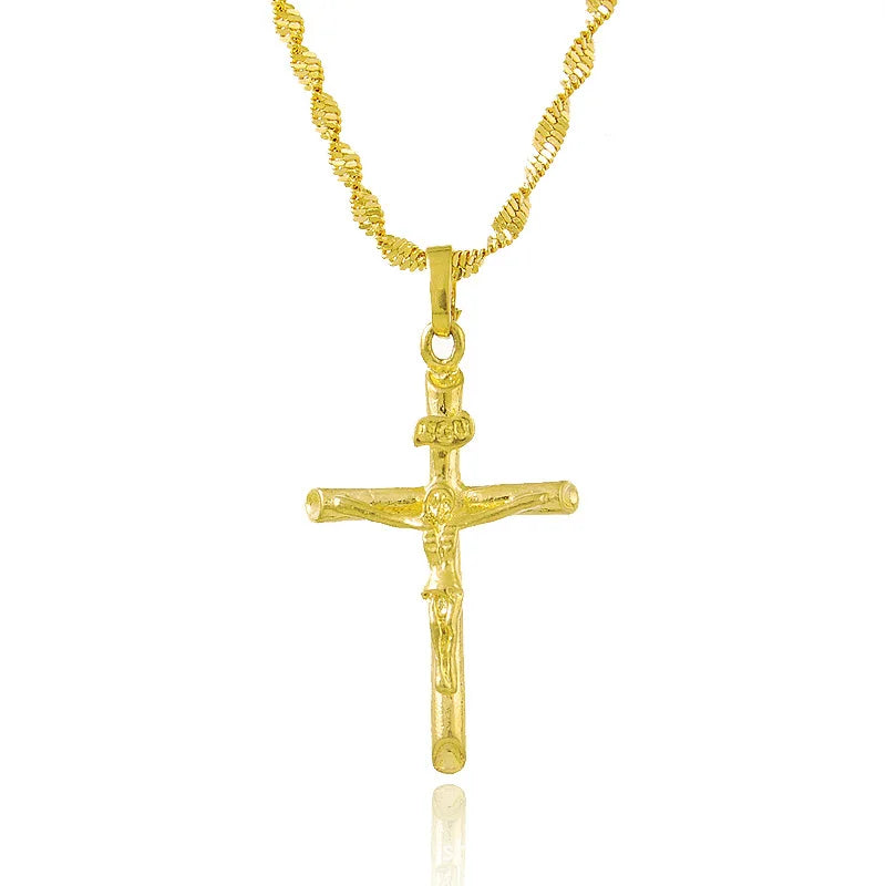 Unisex 24K Gold (AU999) Cross Necklace | Solid gold 3D cross, chiseled holy patterns on matte gold