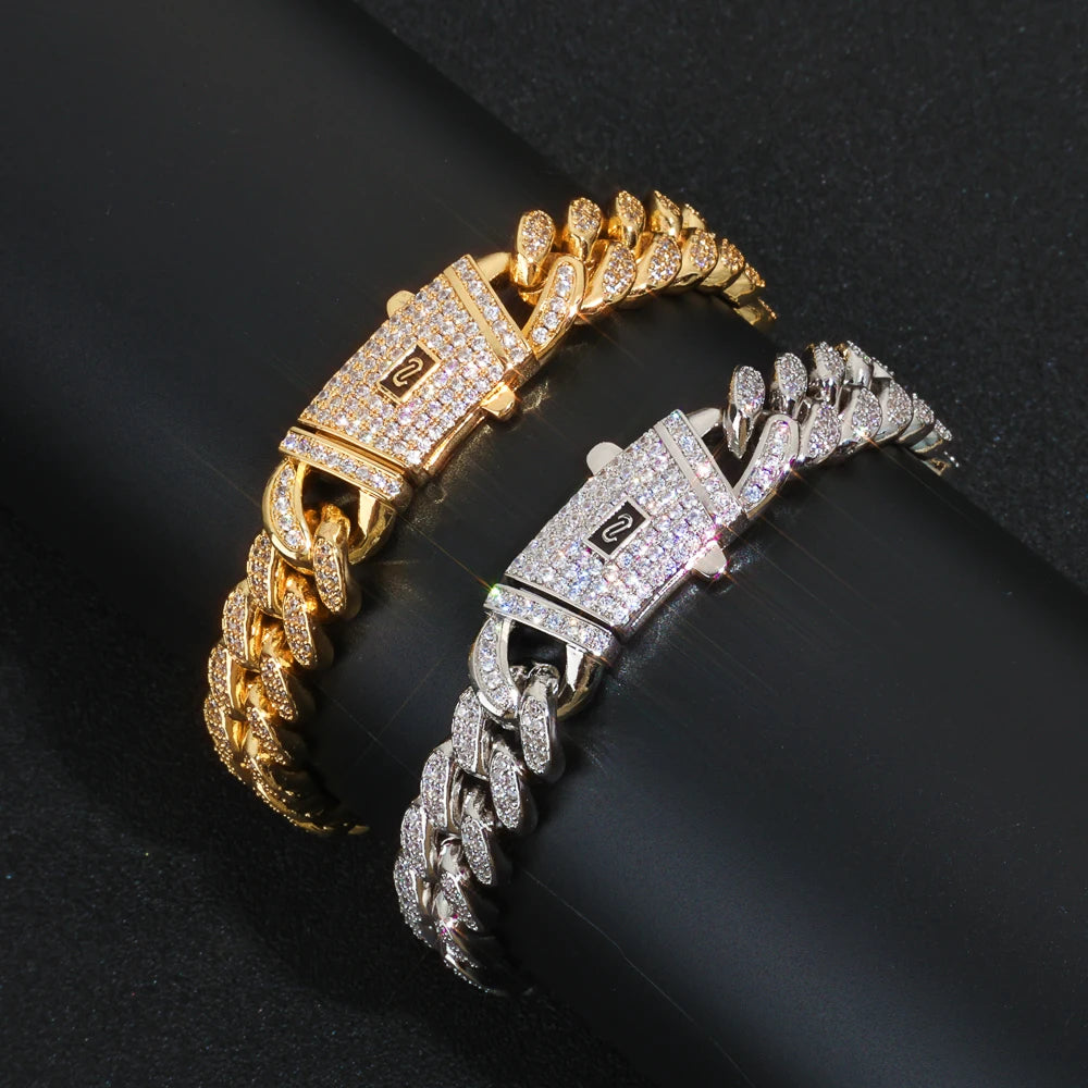 Gold Cuban Bracelet Iced Out 12MM Monaco 18K