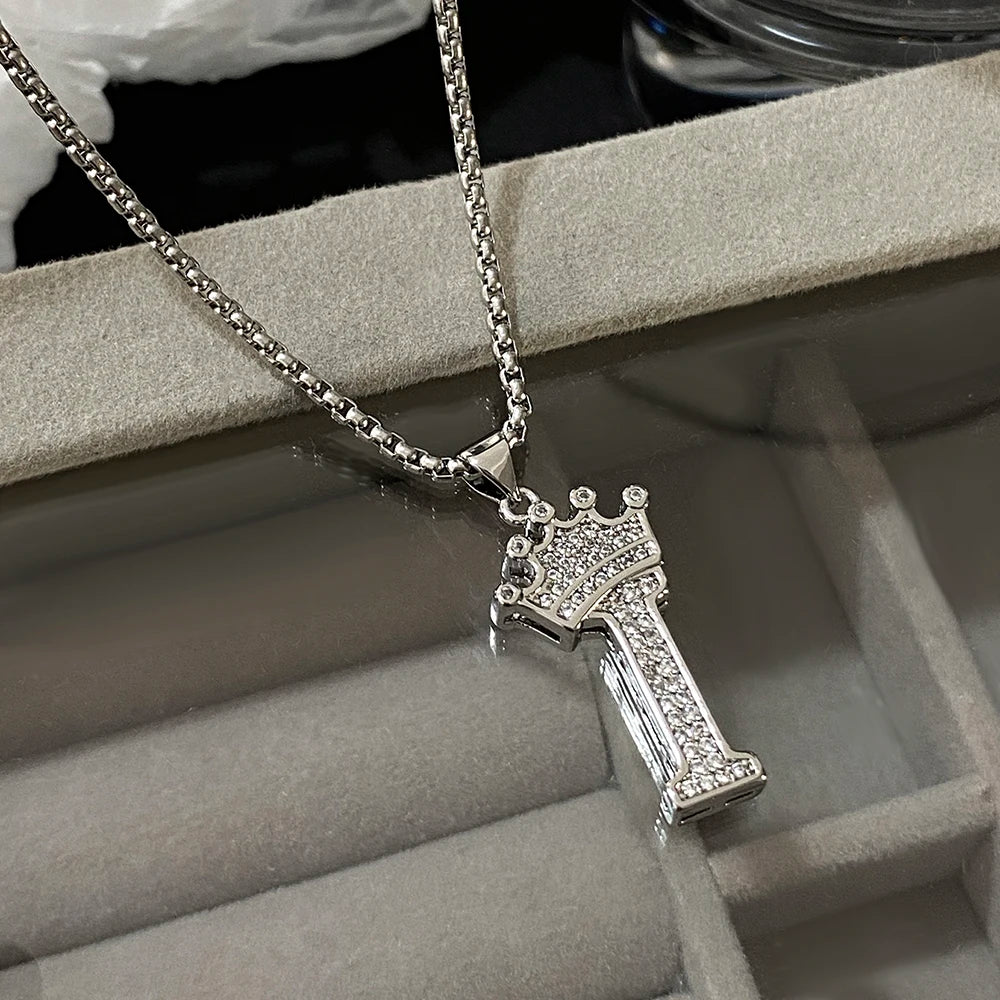 Freetry 26 Letters A-Z Zircon Crown Pendant Necklace for Women Men Punk Initial Alphabet Necklaces Hip Hop Choker Chain