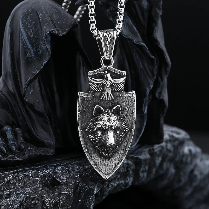 Viking Shield Wolf Pendant Necklace — Stainless Steel