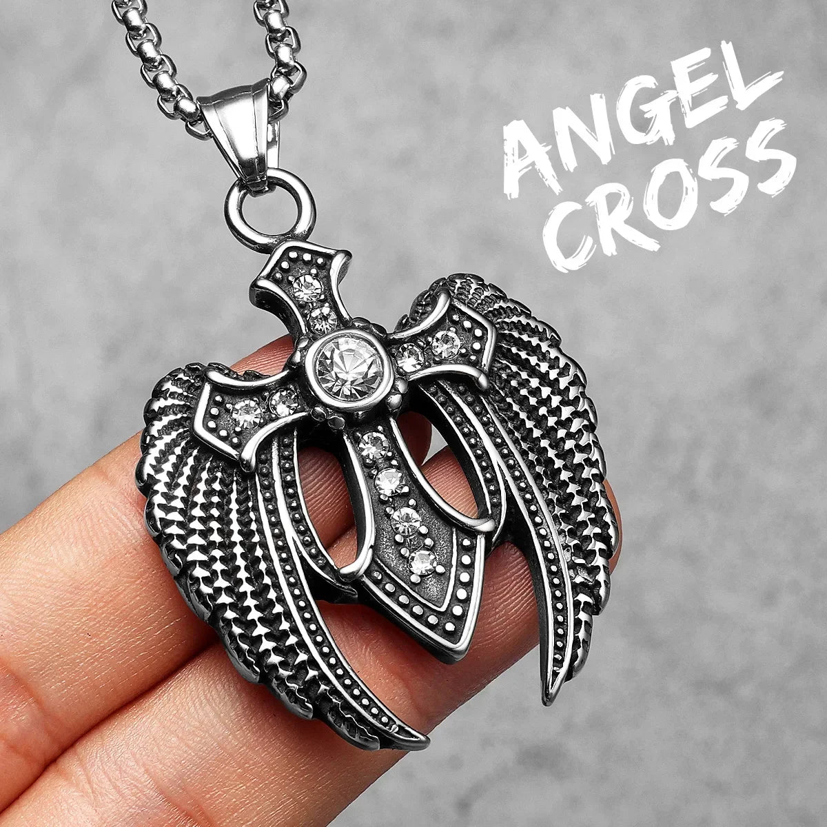 Angel Wing Cross Pendant — Stainless Steel