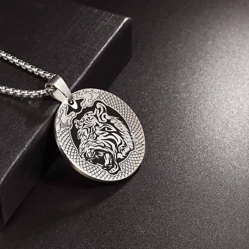 Domineering Ferocious Tiger Head Pendant Stainless Steel Animal Necklace Men's Punk Trend Cool Jewelry Boy Gift