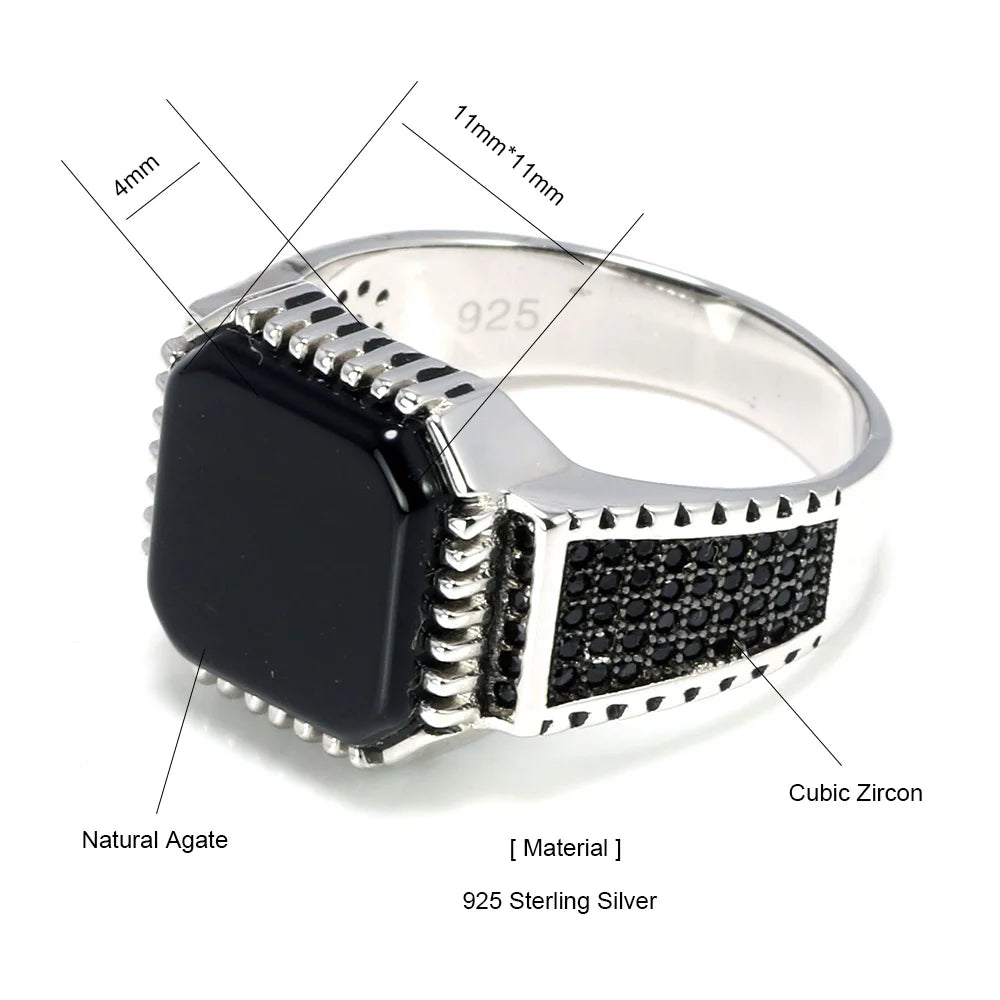 Genuine Solid 925 Sterling Silver Turkish Rings For Men Black Band With Stone Square Natural Onyx Vintage Male Jewelry