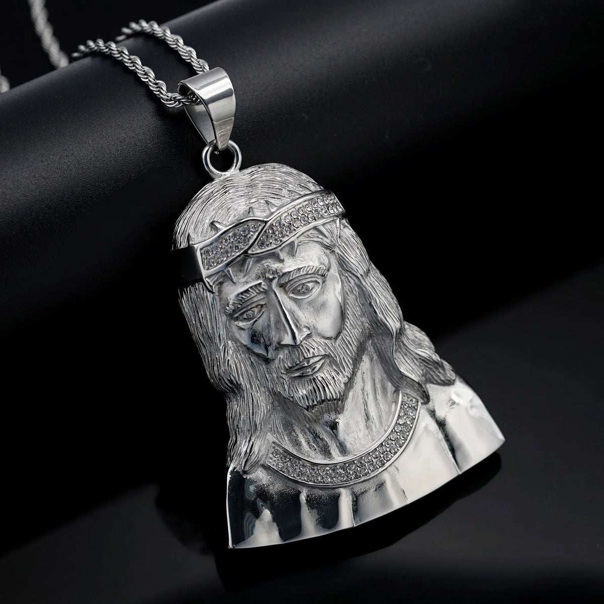 Iced Out Jesus Head Pendant — Stainless Steel