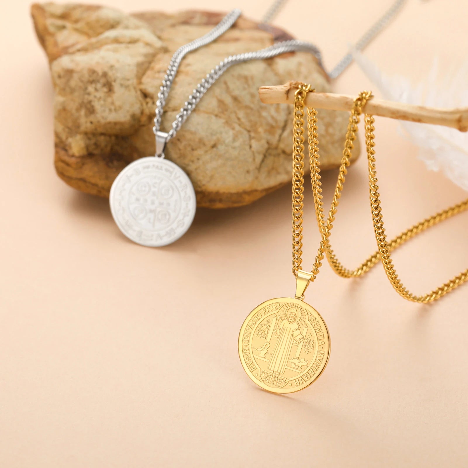 My Shape Saint Benedict Medal Pendant Necklace for Women Men Gold Plated Stainless Steel Round Double Sides Choker Jewelry Gifts