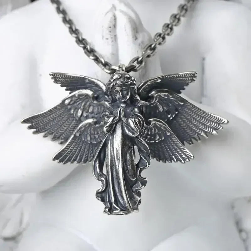Delicate Antique Silver Color Seraph Prayer Good Luck Necklace Pendant Men Women Anniversary Amulet Jewelry Gift
