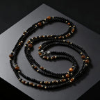 Black Agate Natural Stone Tiger Eye Beads Chain Necklace for Men, Retro Long Sweater Chain Necklace, Fashion Boho