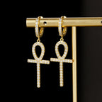 Iced Out Ankh Dangle Hoop Earrings CZ