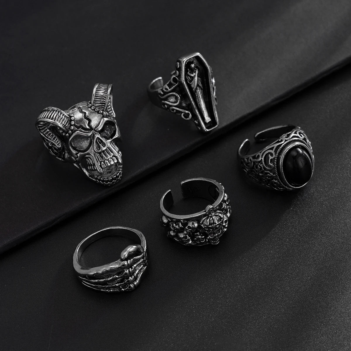Gothic Skull Claw Cross Ring Set — Adjustable Silver