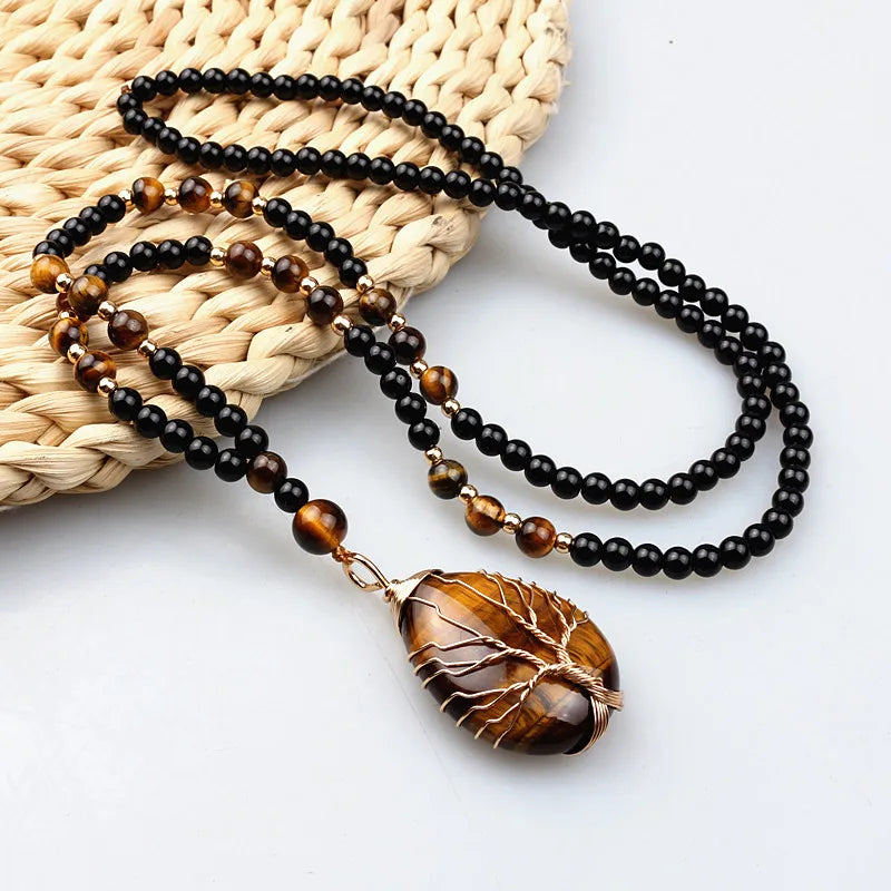 Natural Tiger Eye Tree of Life Pendant Necklace — Mixed Metal