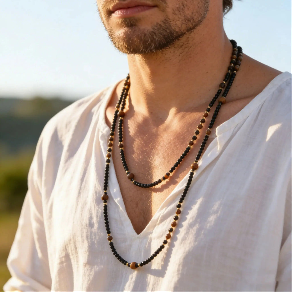 Black Agate Natural Stone Tiger Eye Beads Chain Necklace for Men, Retro Long Sweater Chain Necklace, Fashion Boho