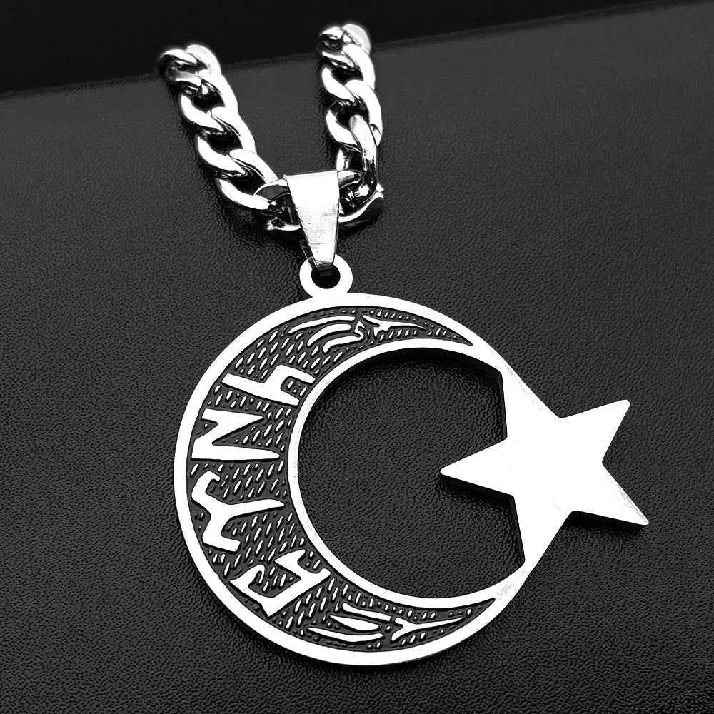 Muslim Islam Black Enamel Moon Star Stainless Steel Pendant Necklace for Women Men Gold Color Hebrew Hip Hop Chain Jewelry Gift