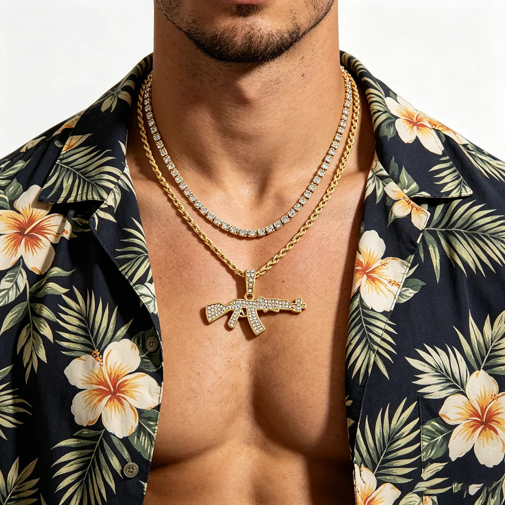 Iced Out Gun Pendant Necklace - Hip Hop Bling with Tennis & Rope Chains, Gold/Silver Plated for Men