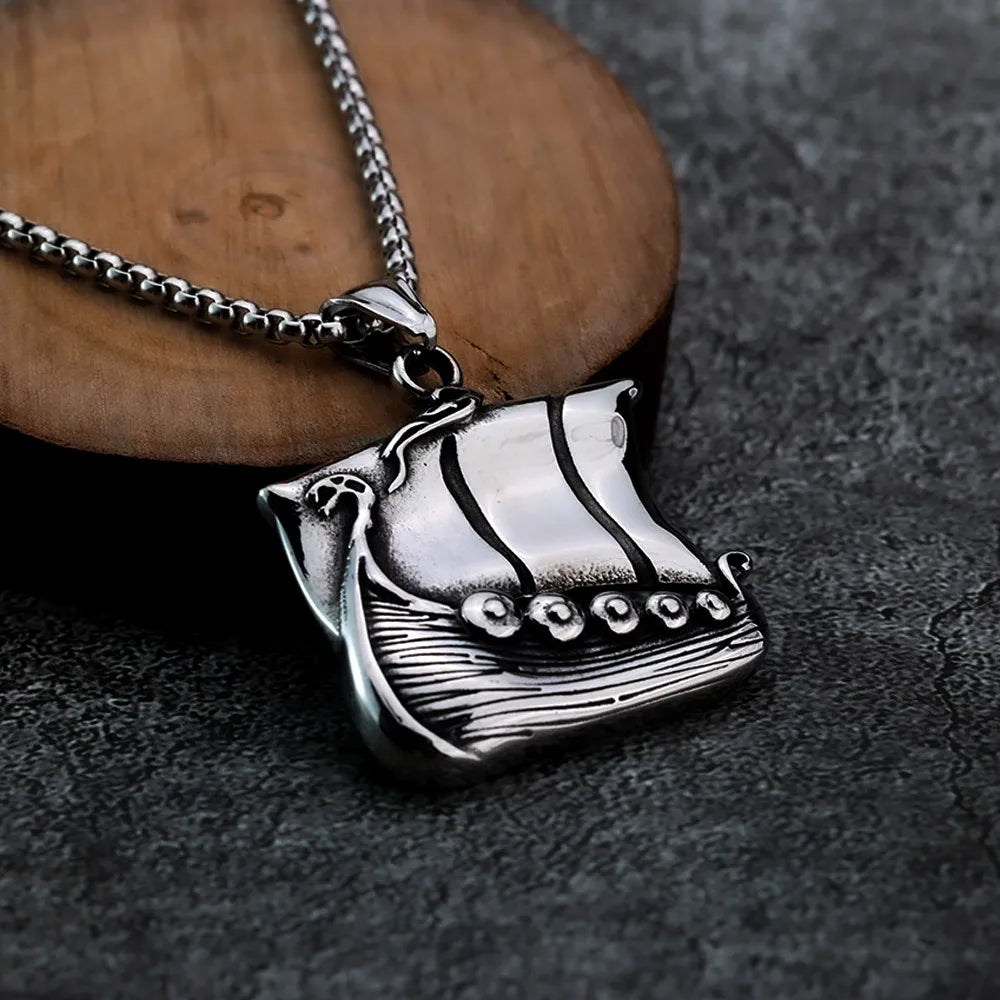 Viking Longship Norse Pendant Necklace — Stainless Steel