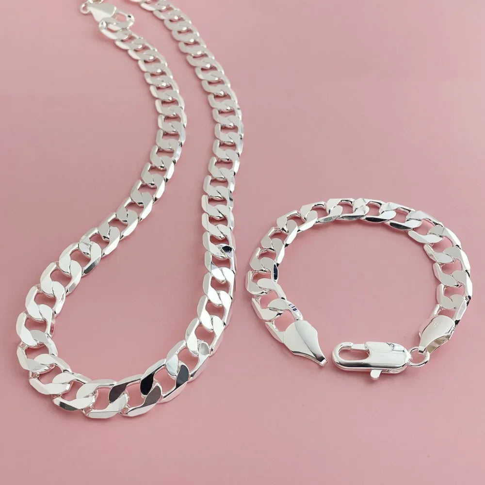 Side Chain Bracelet Necklace Set 12mm — Silver-Tone