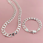 silver 12MM side chain bracelet 23CM necklace jewelry set, suitable for men's daily wear