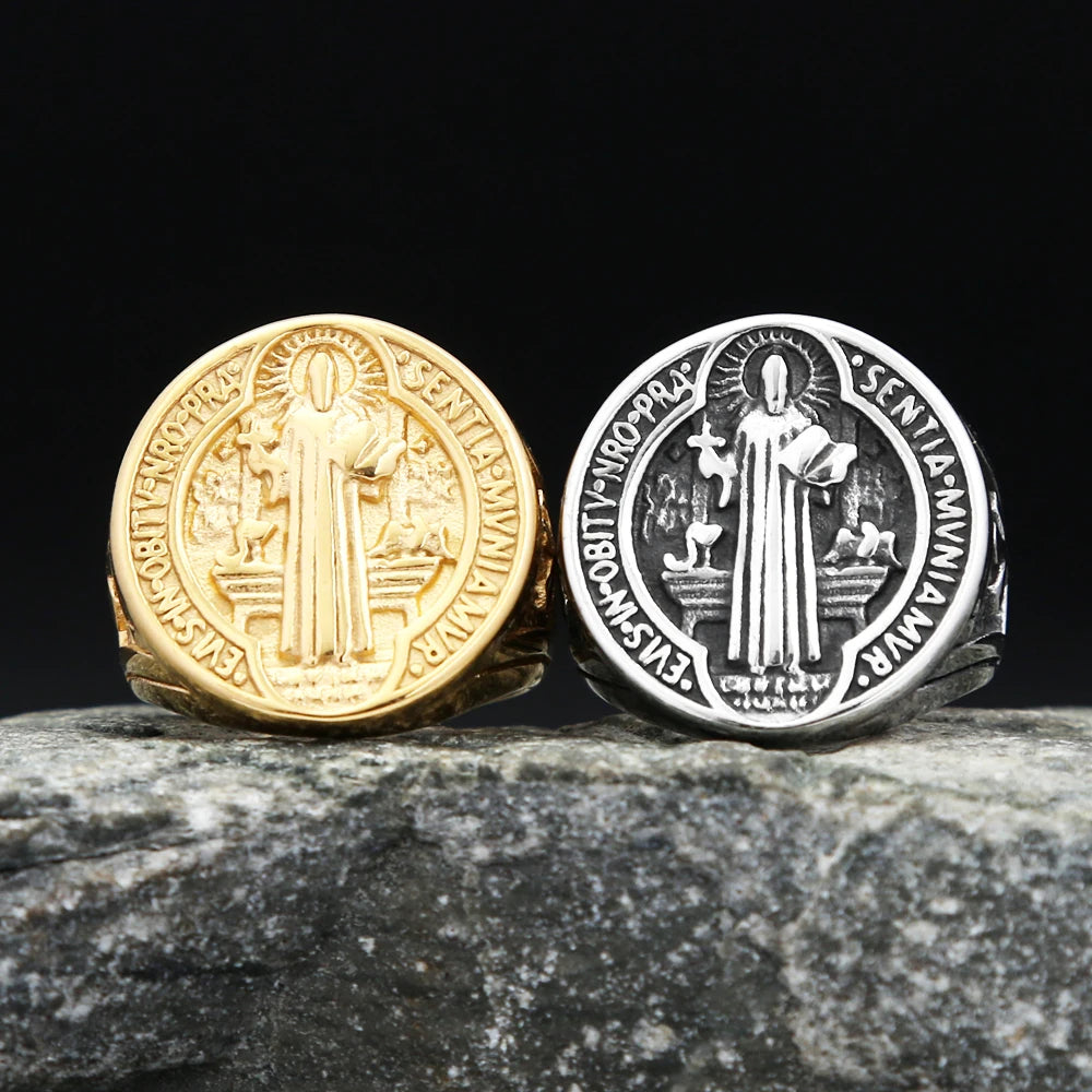 Cross Saint Benedict Steel Ring Vintage 316L Religious