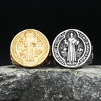Cross Saint Benedict Steel Ring Vintage 316L Religious