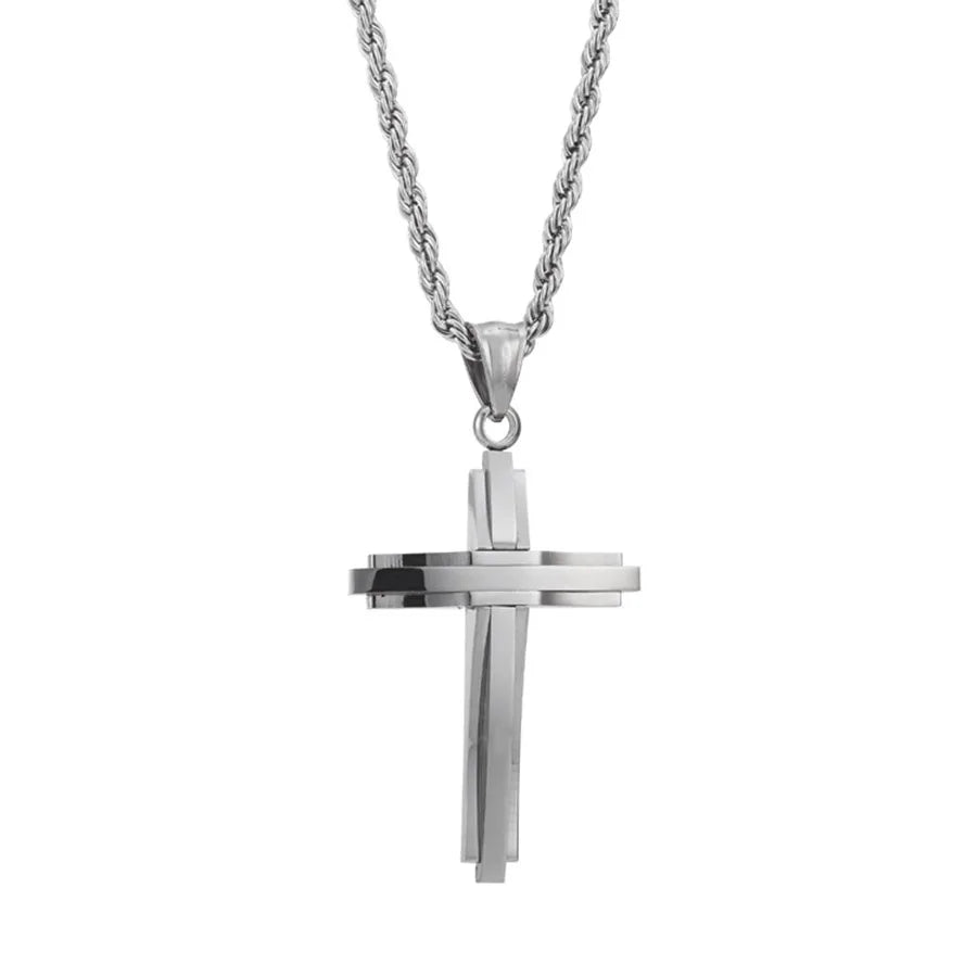 Layered Cross Pendant Necklace 50cm — Stainless Steel