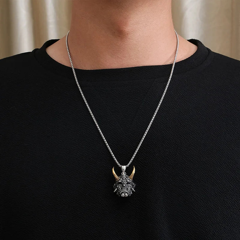 1Pcs Vintage Punk Demon Mask Samurai Ghost Pendant Necklace Unisex Long Chain Hip Hop Rock Party Necklace Jewelry
