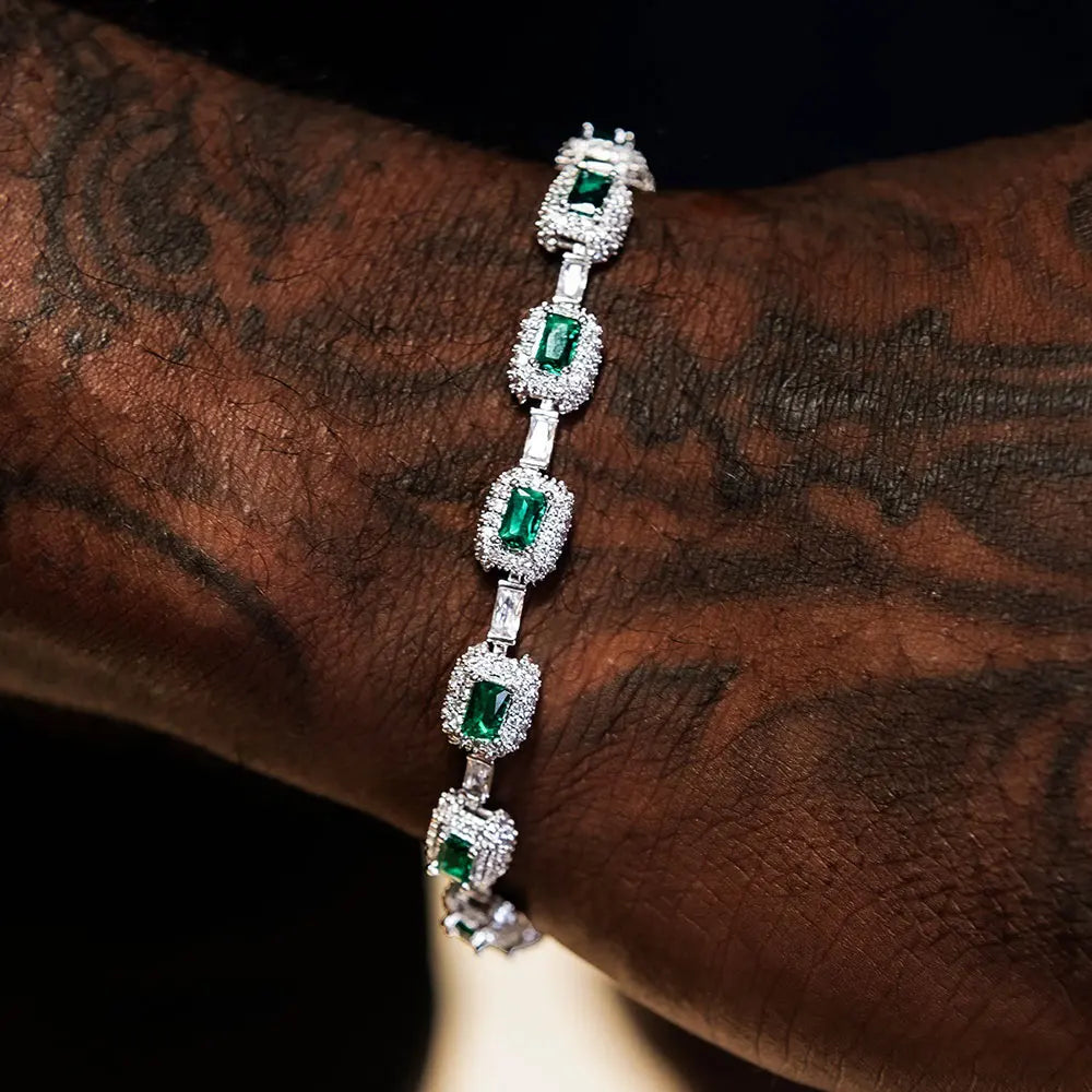 Gold Baguette Bracelet Iced Out Emerald Cushion