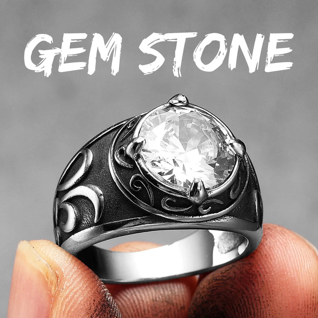 Gemstone Carved Ring — Stainless Steel