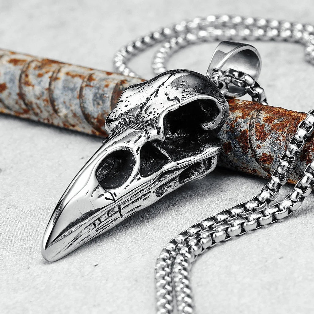 Crow Skull Pendants Men Necklace Stainless Steel War Damaged Gothic Skeleton Chain Rock Punk Party for Friend Male